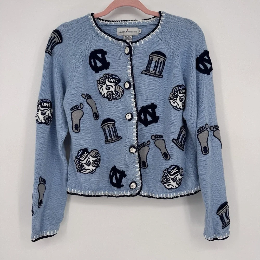 Vintage UNC Tar Heels Cardigan Sweater Medium Blue Knit Sport Coquette Women's